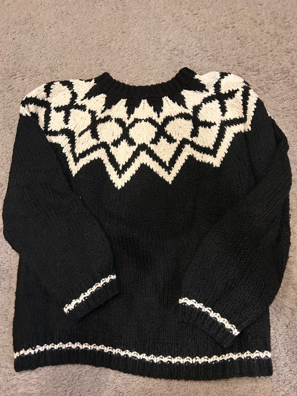 Velvet Black Crewneck Sweater with Cream Yoke Pattern